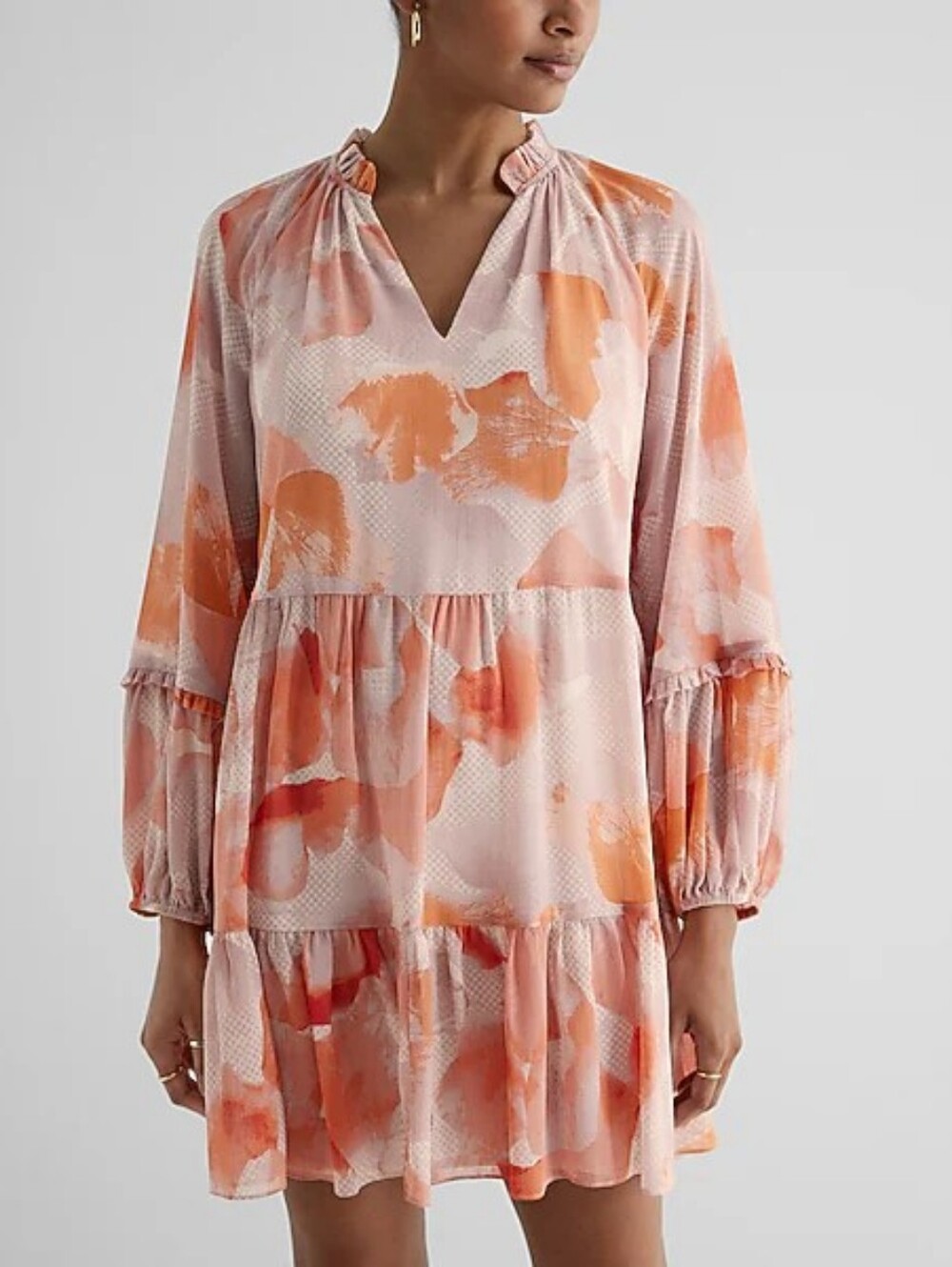 NWT Express Floral Ruffle Neck Tiered Mini Shift Dress, Medium, Floral Print,